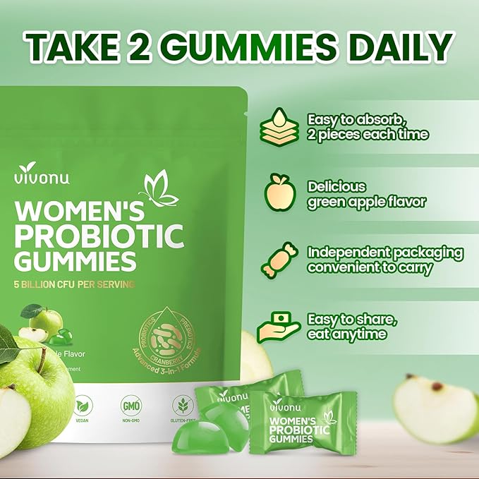 VivoNu Viginal Probiotic for Women, Women Probiotic Gummies, Feminine Balance Gummies, Green Apple Probiotics for Woman Vaginigal Health, Yeast Ph Balance