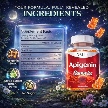 VAITE Apigenin Supplement 150mg - Chamomile Extract Vegan Gummies with Flavonoids, Bioflavonoids & Polyphenols - Plant-Based Relaxation Support - Liposomal Calm Formula - Non-GMO Herbal Mood Balance
