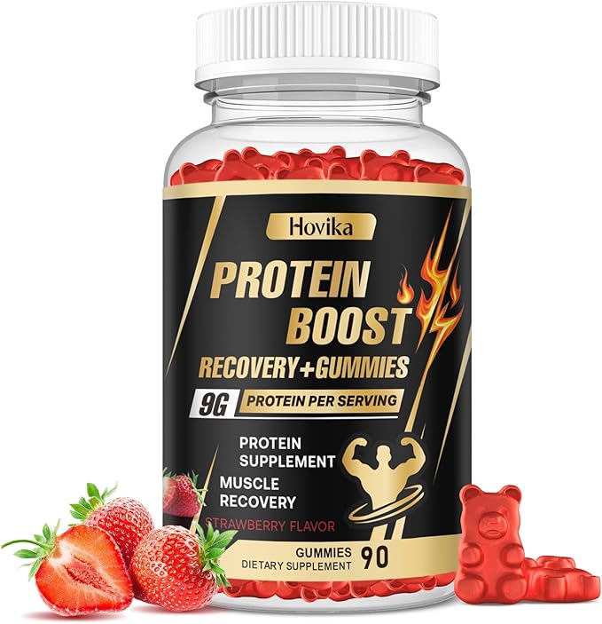 Whey Protein Gummies, 9g Protein per Serving, Easy to Take Snacks for Men & Women, Recovery + Supplement Gummies for Protein Boost, Muscle, Energy Support, Strawberry Flavor, 90 Gummies