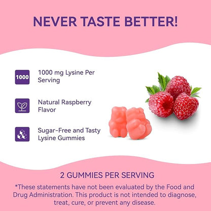L-Lysine 1000mg Gummies, Chewable Lysine Supplement for Adults, Lysine Gummies for Lip Health, Immune Support- Vegan, Gluten-Free, Sugar-Free, 60 Counts