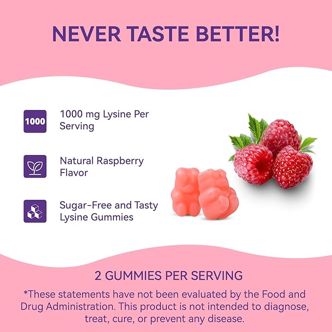 2 Pack L-Lysine 1000mg Gummies, Chewable Lysine Supplement for Adults, Essential Amino Acid for Lip Health, Immune Support, Collagen Formation* - Vegan, Gluten-Free, Sugar-Free, 120 Counts