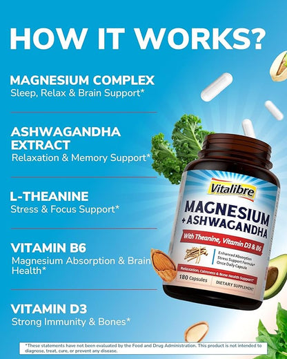 Magnesium Complex with Ashwagandha & L-Theanine - Stress Relief, Bone & Relaxation Support - w/Vitamin D3, B6 - Glycinate, Citrate, Malate, Taurate - 90 Vegan Capsules, Non-GMO, Gluten Free