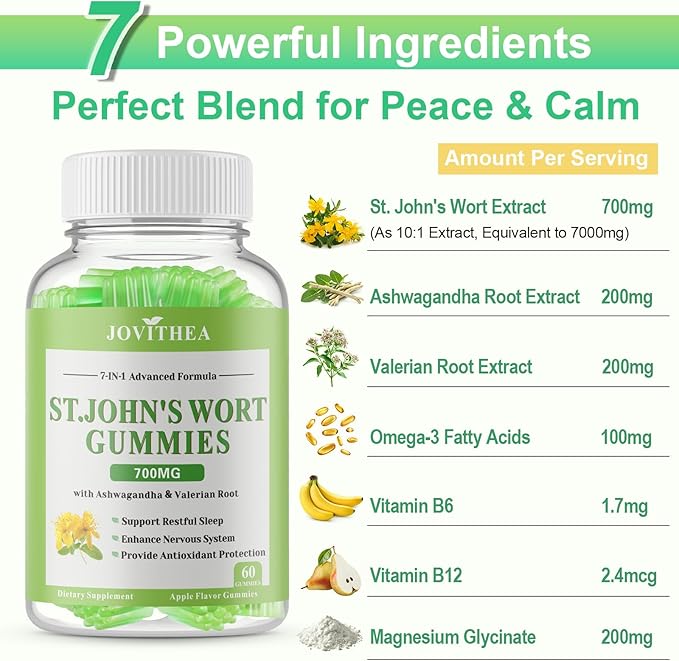 St John's Wort Gummies 700mg, Natural Herbal Supplement for Adults & Kids, Support Calm, Relaxation & Brain Health, Vegan, Non-GMO, Gluten Free, Apple Flavor, 60 Count