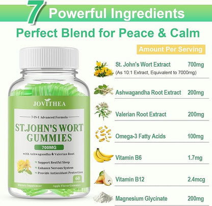 St John's Wort Gummies 700mg, Natural Herbal Supplement for Adults & Kids, Support Calm, Relaxation & Brain Health, Vegan, Non-GMO, Gluten Free, Apple Flavor, 60 Count