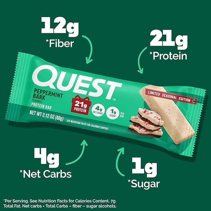 Quest Nutrition Peppermint Bark Protein Bar, 21g Protein, 4g Net Carb, 1g Sugar, Gluten Free, 12 Count