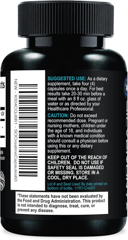 Creatine Monohydrate 3000mg Per Serving - 3X Strength Micronized Creatine Powder - Supports Lean Muscle, Strength, Energy, & Endurance - All Natural Supplement, Non-GMO, Bottled in USA - 60 Capsules