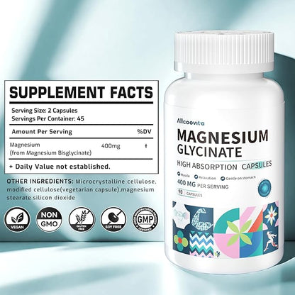 Magnesium Glycinate 400 MG per Serving 100% Chelated for High Absorption, Gentle On Stomach, Non-GMO, 90 Vegetarian Capsules