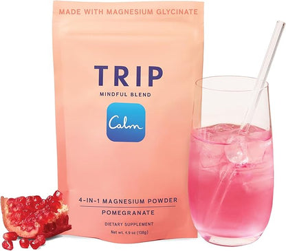 TRIP Magnesium Glycinate Powder with L-Theanine & Lion’s Mane, Sugar Free Magnesium Supplement for Adults, 250mg Magnesium per Drink Mix Serving, Pomegranate Orange Blossom, 1 Bag - 30 Servings