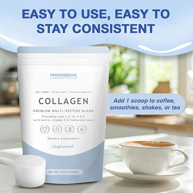 Multi Collagen Peptides Powder (Unflavored) – Types I, II, III, V & X with Biotin, Vitamin C & Hyaluronic Acid – Grass-Fed, Non-GMO Collagen Supplement for Skin, Hair, Nails & Joint Support