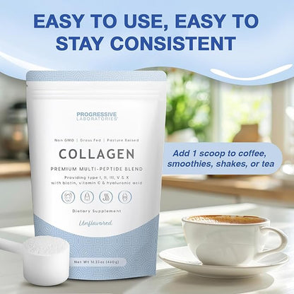 Multi Collagen Peptides Powder (Unflavored) – Types I, II, III, V & X with Biotin, Vitamin C & Hyaluronic Acid – Grass-Fed, Non-GMO Collagen Supplement for Skin, Hair, Nails & Joint Support