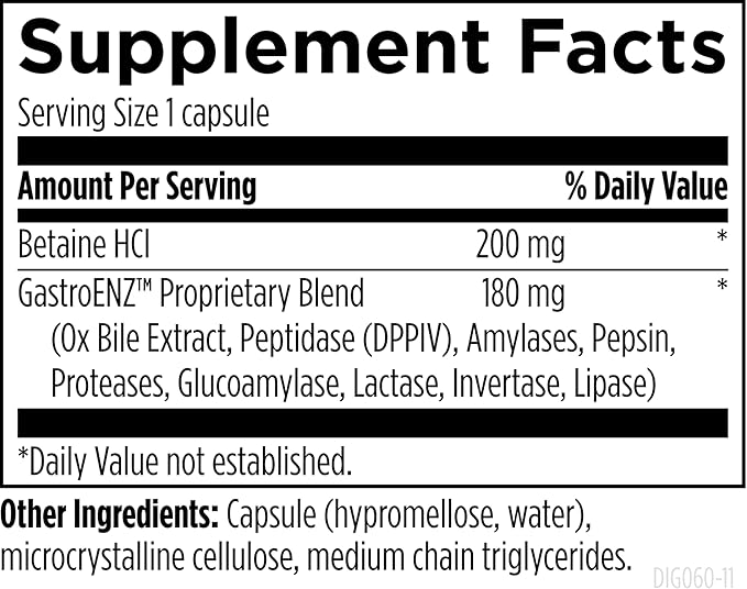 Designs for Health Digestzymes - Digestive Enzymes + Betaine Hydrochloride for Gas & Bloating Relief - Pepsin, Ox Bile, Lactase Enzyme & Lipase Enzymes for Digestion (60 Capsules)