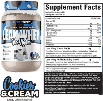 MuscleSport Lean Whey Revolution™, Whey Protein Isolate with Hydrolyzed Whey - Low Calorie, Low Carb, Low Fat, Incredible Flavors - 25g protein per scoop (2lb, Cookies N Cream)