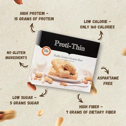 Proti-Thin Fluffy Nutter Protein Bars, 15g Protein, Low Calorie, Very Low Carb (VLC), Low Fat, High Fiber Snack Bar, KETO Diet Friendly, Ideal Protein Compatible, No Gluten Ingredients, 7 /Box