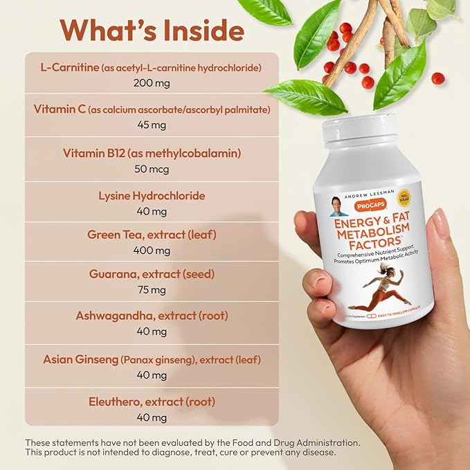 ANDREW LESSMAN Energy and Fat Metabolism Factors 60 Capsules - Promotes Optimum Fat Burning and Energy Metabolism, with Carnitine, Green Tea, Guarana, Ginseng, B-Complex. Easy to Swallow Capsules