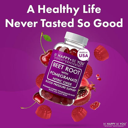Beetroot with Pomegranate Gummies – Nitric Oxide Booster & Blood Pressure Support – Cherry Pomegranate Flavor – Vegan, Gelatin-Free, Pectin-Based – 90 Ct