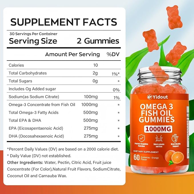 Omega 3 Fish Oil Gummies, Delicious Orange Flavor Fish Oil Gummy Supplements for Joint, Heart Health, & Brain Support (60 Count（Pack of 2）)
