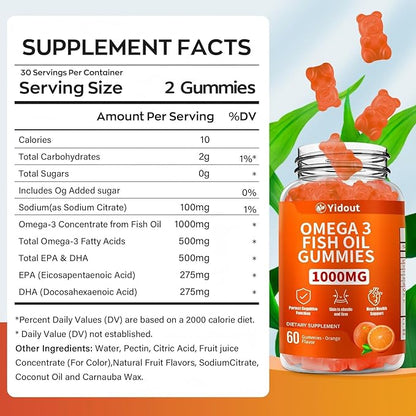 Omega 3 Fish Oil Gummies, Delicious Orange Flavor Fish Oil Gummy Supplements for Joint, Heart Health, & Brain Support (60 Count（Pack of 2）)