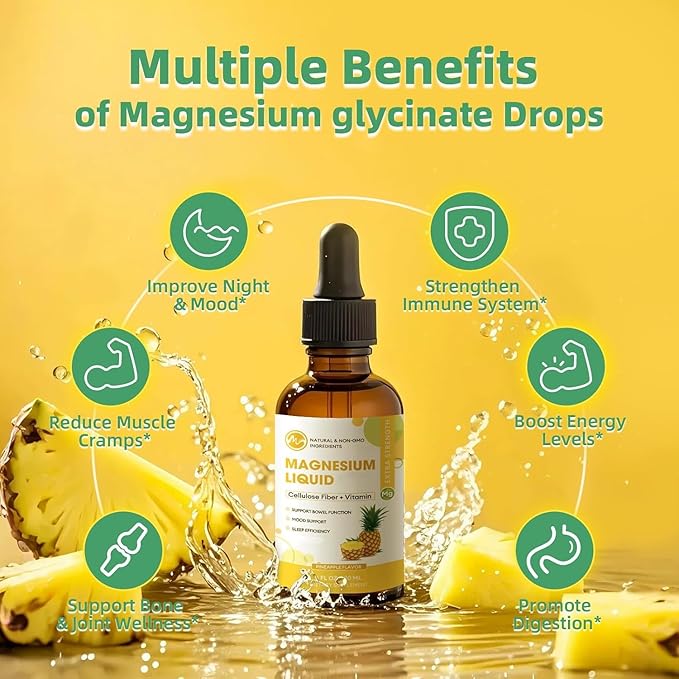 M inch Magnesium Glycinate Liquid, High Absorption Magnesium Liquid Drops with Cellulose Fiber, Bromelain, Vitamin B6, C, D, Zinc, Magnesium Supplement for Kids and Adults, Pineapple Flavor, 2 Pack