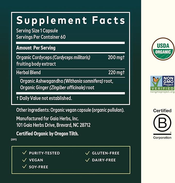 Gaia Herbs Adaptogen Performance - Energy Support Supplement with Ingredients Traditionally Used to Help Sustain Endurance & Stamina* - with Cordyceps & Ashwagandha - 60 Vegan Capsules (60 Servings)