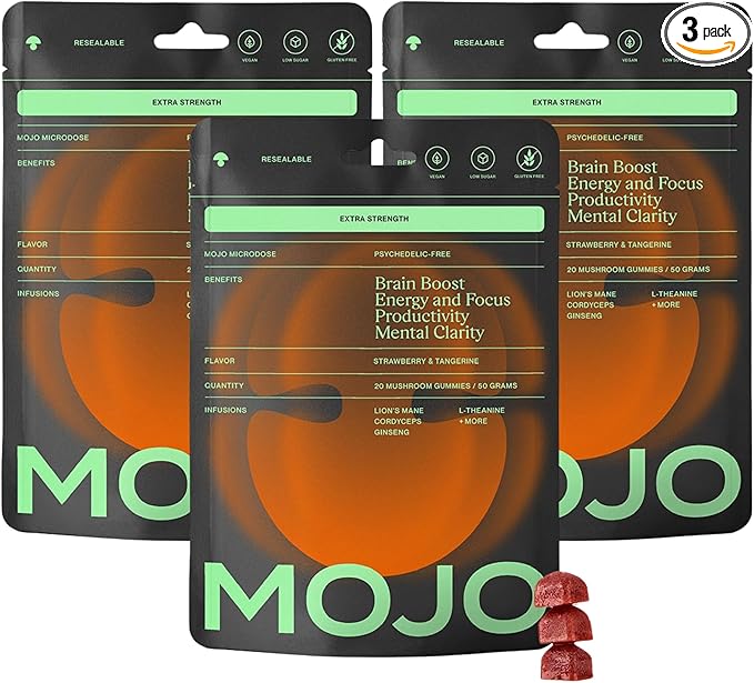 Mojo Extra Strength Focus Gummies with Lion’s Mane, Panax Ginseng, Ginger Root, Cordyceps, SAM-e, and Nootropics, Energy and Focus Supplement, Vegan, Strawberry Tangerine (3 Pack)