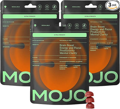 Mojo Extra Strength Focus Gummies with Lion’s Mane, Panax Ginseng, Ginger Root, Cordyceps, SAM-e, and Nootropics, Energy and Focus Supplement, Vegan, Strawberry Tangerine (3 Pack)