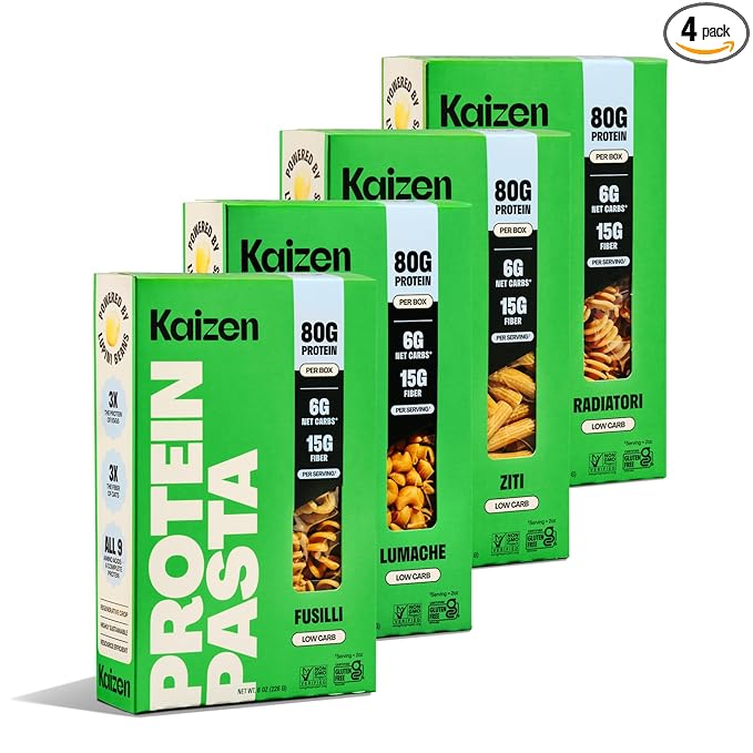 Kaizen Protein Pasta Variety Pack, 20g Protein, Low Carb (6g Net Carbs), Keto-Friendly, Gluten-Free, Plant-Based Lupini Noodles, High Fiber, 8 Ounce, Pack of 4