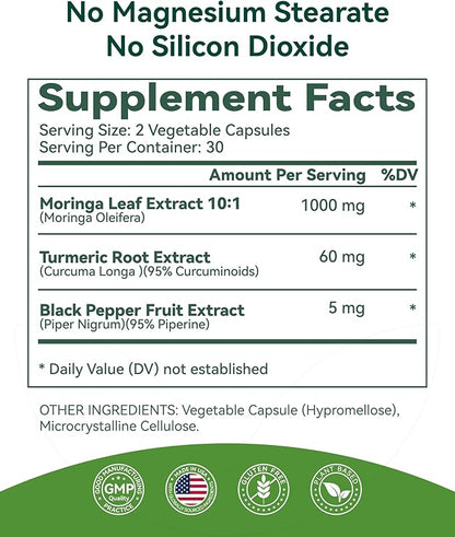Moringa Capsules 1000mg, Moringa Leaf Extract 10:1, Complete Green Superfood, for Energy, Sleep, Immune & Gut Health, Veg Capsules 120 Count, All-Natural, Non-GMO, Made in USA