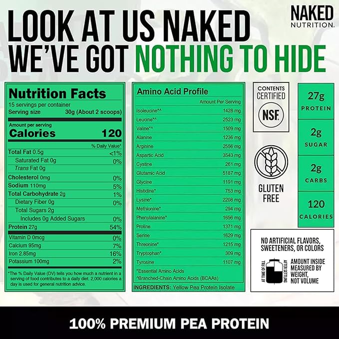 NAKED Pea - Pea Protein Isolate - Plant Based, Vegetarian & Vegan Protein. NSF Certified, Easy to Digest, Non-GMO, No Lactose, No Soy and Gluten Free - 15 Servings