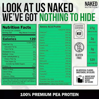 NAKED Pea - Pea Protein Isolate - Plant Based, Vegetarian & Vegan Protein. NSF Certified, Easy to Digest, Non-GMO, No Lactose, No Soy and Gluten Free - 15 Servings