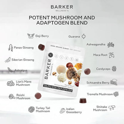 Barker Wellness Daytime Sugar-Free Adaptogen Mushroom Gummies - Lion's Mane, Cordyceps, Reishi & Shiitake | Vegan, Immune System Support, Natural Energy, Enhanced Focus & Mood for Adults | 60 Count