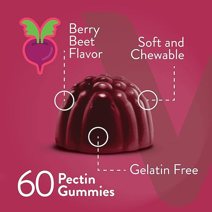 Viteey Beet Root Gummies with Magnesium & Vitamin C - Beetroot Supplement for Heart Health, Blood Pressure Support - Vegan, Gluten-Free - 60 Count