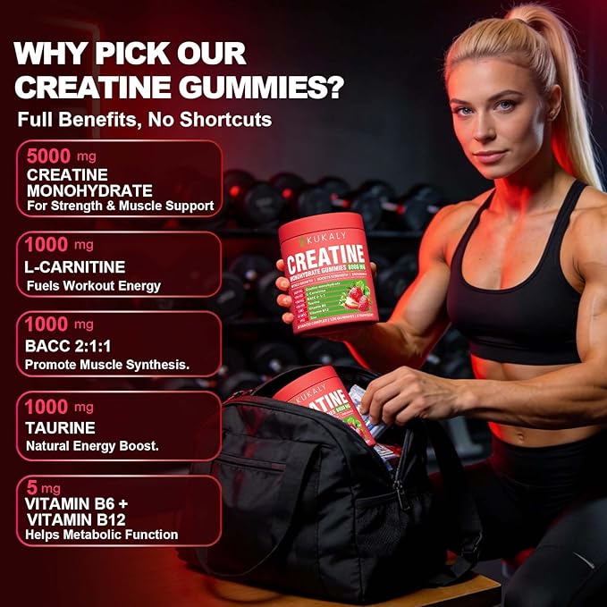 Creatine Monohydrate Gummies for Men & Women, 8500MG Creatine Gummies Sugar Free Strawberry Flavored with L-Taurine, BCAA 2:1, B12 B6 for Boost Strength, Focus & Endurance, Vegan, Non-GMO, 120pcs
