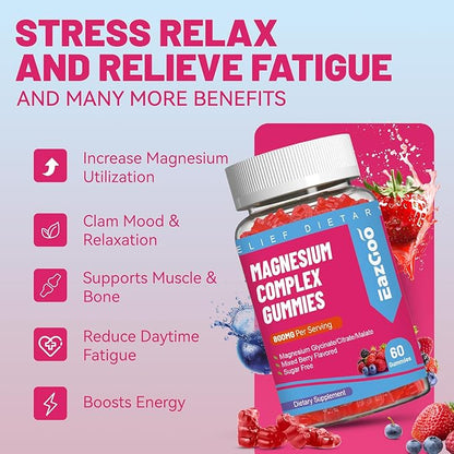 Magnesium Gummies 800mg - Vitamin D3, C, B6, B12 & Zinc Complex with Magnesium Glycinate, Citrate & Malate, Magnesium Complex Gummies for Muscle, Mood & Energy, Vegan 60 Counts