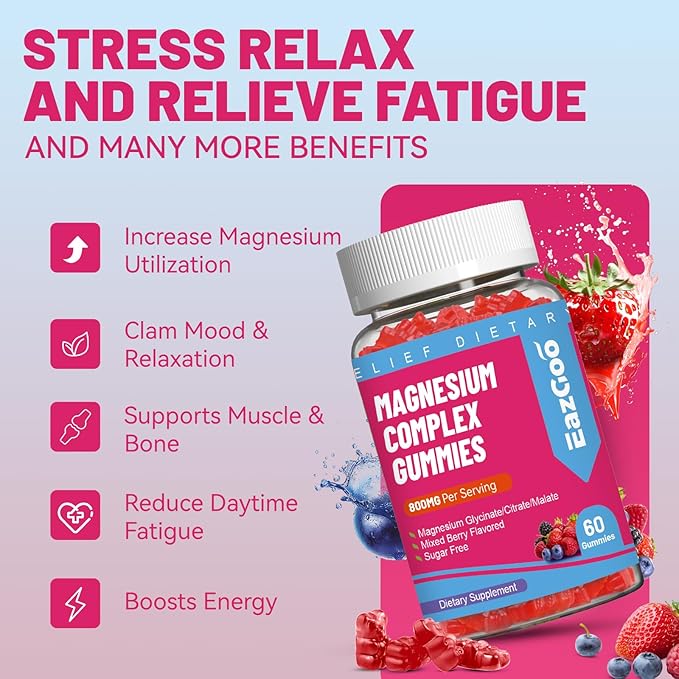 Magnesium Gummies 800mg - Vitamin D3, C, B6, B12 & Zinc Complex with Magnesium Glycinate, Citrate & Malate, Magnesium Complex Gummies for Muscle, Mood & Energy, Vegan 120 Counts
