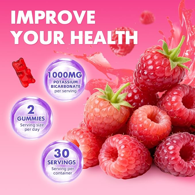 2 Pack Potassium Gummies 1000mg, Potassium Bicarbonate Supplement for Adults & Kids, Support Electrolyte Balance & Muscle Heath, Sugar-Free, Raspberry Flavor, 120 Count