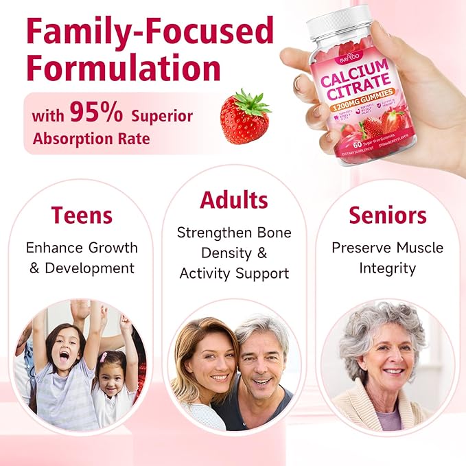 2 Packs High Absorption Calcium Citrate Gummies 1200mg - Bone & Teeth Support for Adults & Kids, Vegan Sugar-Free Gummies, Strawberry Flavor, 120 Count