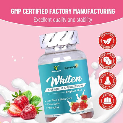 Skin Whiten Gummies, Contains Collagen & L-Glutathione, Support Brighten Skin, Fade Spots & Anti-Aging, 60 Count