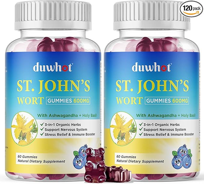 duwhot St John's Wort Gummies 600mg, 3 in 1 Organic Herbal Supplements for Stress Relief, Nervous System Support, with Ashwagandha & Holy Basil Extract for Adults & Kids, Non-GMO, Vegan, 120 ct.