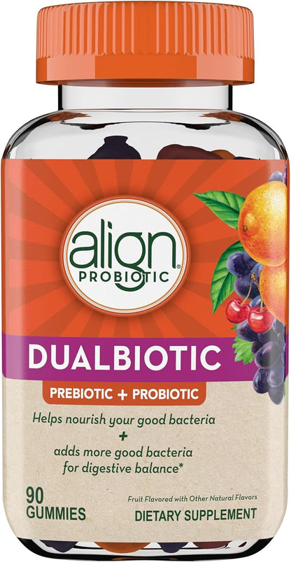 Align Dualbiotic, Prebiotics and Probiotics for Women and Men, Probiotics for Digestive Health, Prebiotics Help Nourish Good Bacteria, Natural Fruit Flavors, 90 Probiotic Gummies,(Pack of 2)