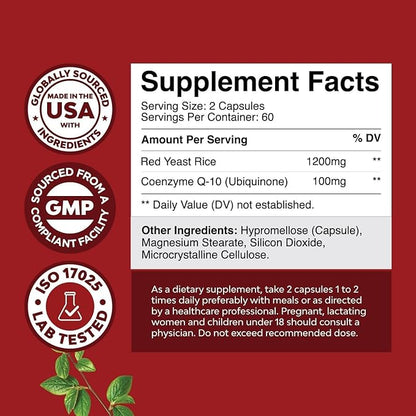 Natures Craft Red Yeast Rice with CoQ10 Supplement - Advanced Healthy Heart & Healthy Cholesterol Levels Formula for Men & Women - Red Yeast Rice Capsules with 1200 mg per Serving and CoQ10-120 Count