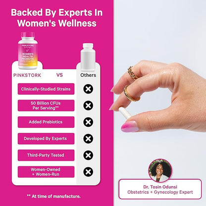 Pink Stork Women’s Health Probiotic, 50 Billion CFU | Clinically Studied Probiotics | Vaginal, Gut, Mood, & Hormone Balance | Yeast & Odor Support | Probiotic and Prebiotic Blend | 30 Vegan Capsules