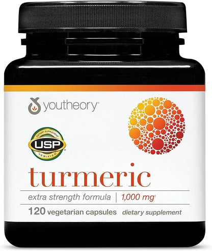 Youtheory Turmeric Extra Strength - 1,000 mg Turmeric Supplement - with 10 mg Black Pepper - Curcumin Joint Support* - Soy, Dairy & Gluten Free -120 Vegetarian Capsules