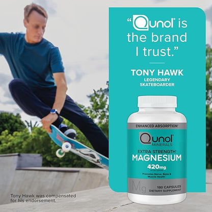 Qunol Magnesium Capsules 420mg, 100% DV, High Absorption Magnesium Supplement, Extra Strength, Bone and Muscle Health Supplement, 180 Count