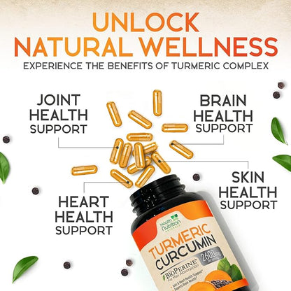 Turmeric Curcumin Supplement 2600mg - 95% Curcuminoids with Organic Turmeric & BioPerine Black Pepper for Best Absorption, Nature's Vegan Joint Support, Non-GMO Tumeric, Bottled in USA - 180 Capsules