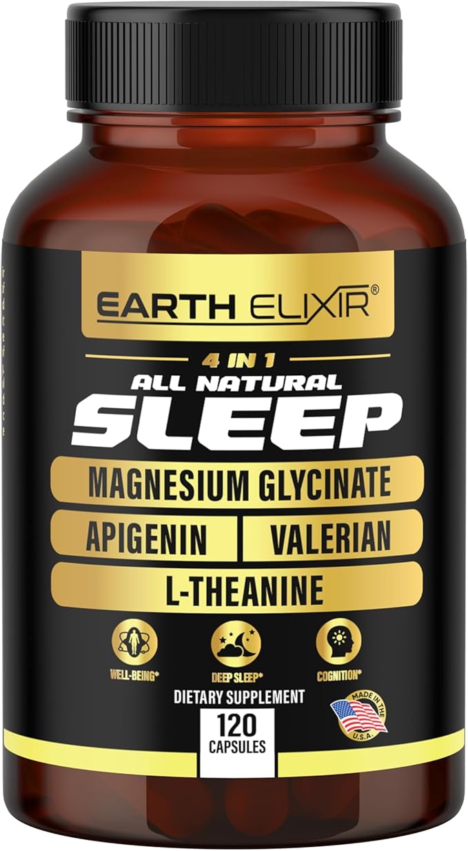 Earth Elixir 4-in-1 Sleep Aid (120 Caps) w/Apigenin 50mg, Magnesium Glycinate 200mg, L Theanine 200mg & Valerian Root for Sleep Aid 300mg | Apigenin Supplement for Sleep | Sleeping Pills