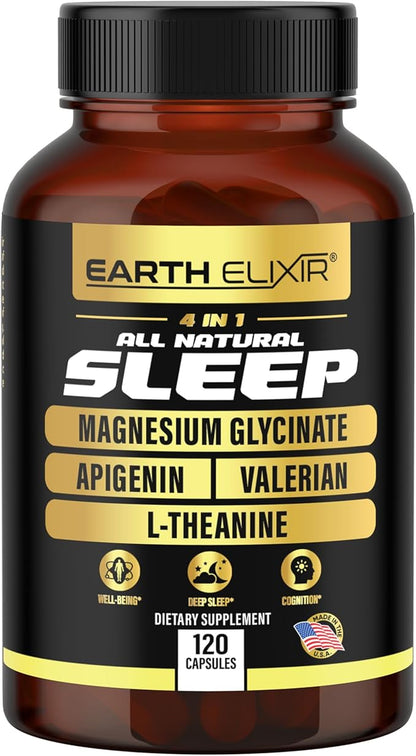 Earth Elixir 4-in-1 Sleep Aid (120 Caps) w/Apigenin 50mg, Magnesium Glycinate 200mg, L Theanine 200mg & Valerian Root for Sleep Aid 300mg | Apigenin Supplement for Sleep | Sleeping Pills