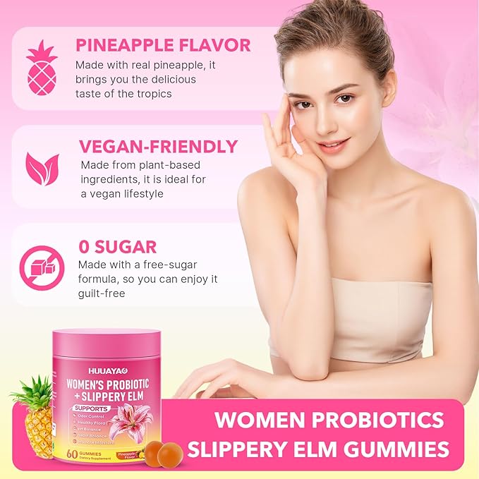 Her Juicy Feminine Probiotics Gummies - Women's Probiotic Slippery Elm Gummies Support pH Balance, Gut Health & Immune System, Sugar-Free, Pineapple Flavor, 60 Count