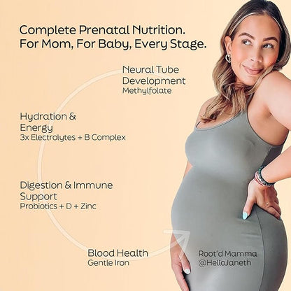 Root'd Prenatal Multivitamin Powder - 25 Vitamins & Minerals with 3X Electrolytes, Folate, Iron, D3 for Mom & Baby, 7 Superfoods & Probiotics, Sugar-Free Vitamins & Hydration | 24 Packets