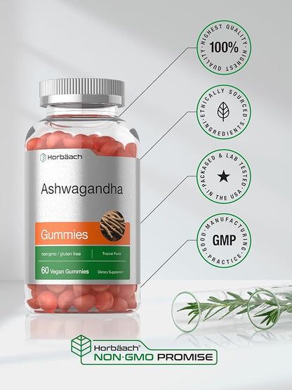 Horbäach Ashwagandha Gummies | 60 Vegan Chewable Gummies | Tropical Flavor | Supplement for Men and Women | Herb Root Extract | Vegan, Non-GMO, Gluten Free