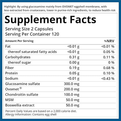 purmeo 5-Day Fast-Acting Joint Health Supplement - Support for Comfort, Cartilage, Strength & Flexibility - OVOMET Eggshell Membrane Glucosamine Chondroitin, MSM & Boswellia - Made in Germany, 120ct